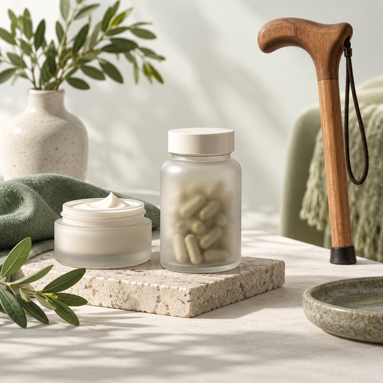 Integratore chiuso, crema neutra e oggetti quotidiani dedicati al benessere adulto.